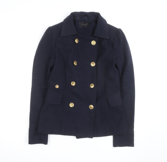 Vila Unisex Navy Blue Wool Blend Pea Coat Size S with Gold Buttons