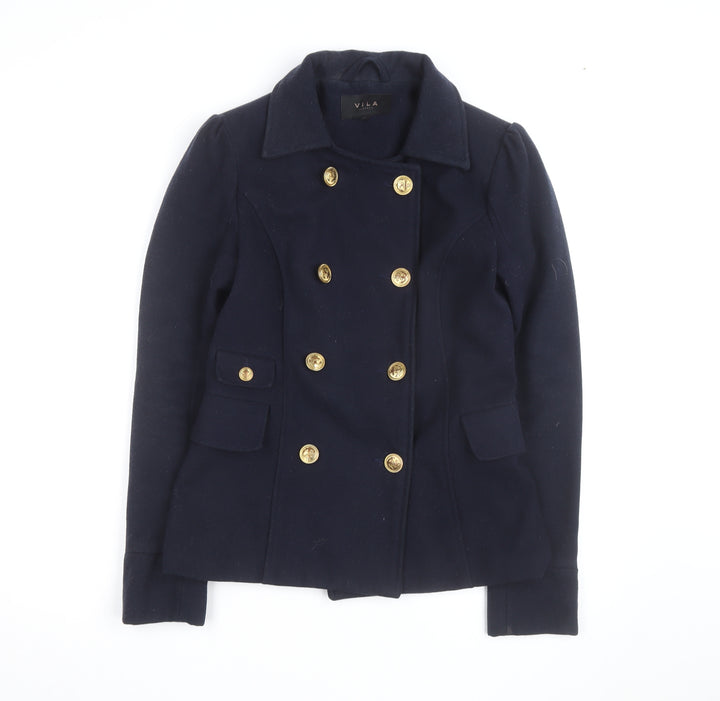 Vila Unisex Navy Blue Wool Blend Pea Coat Size S with Gold Buttons