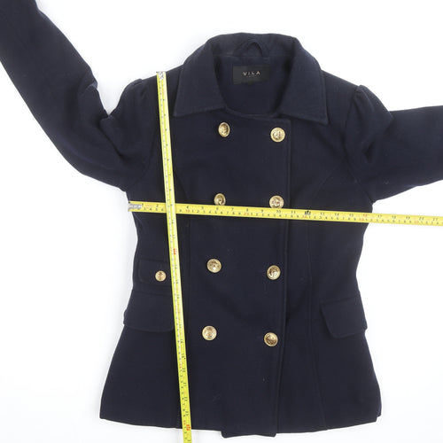 Vila Unisex Navy Blue Wool Blend Pea Coat Size S with Gold Buttons