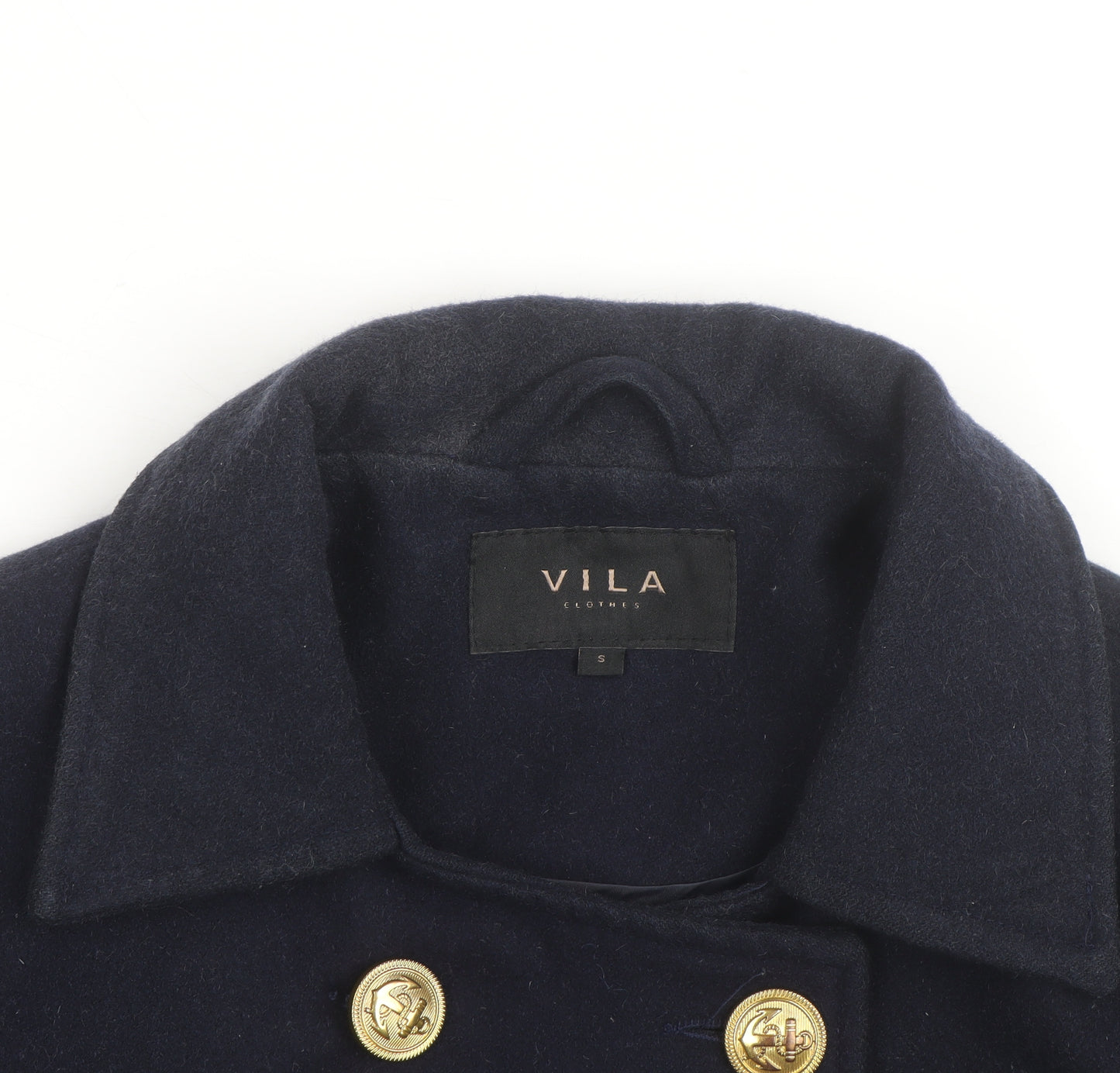 Vila Unisex Navy Blue Wool Blend Pea Coat Size S with Gold Buttons