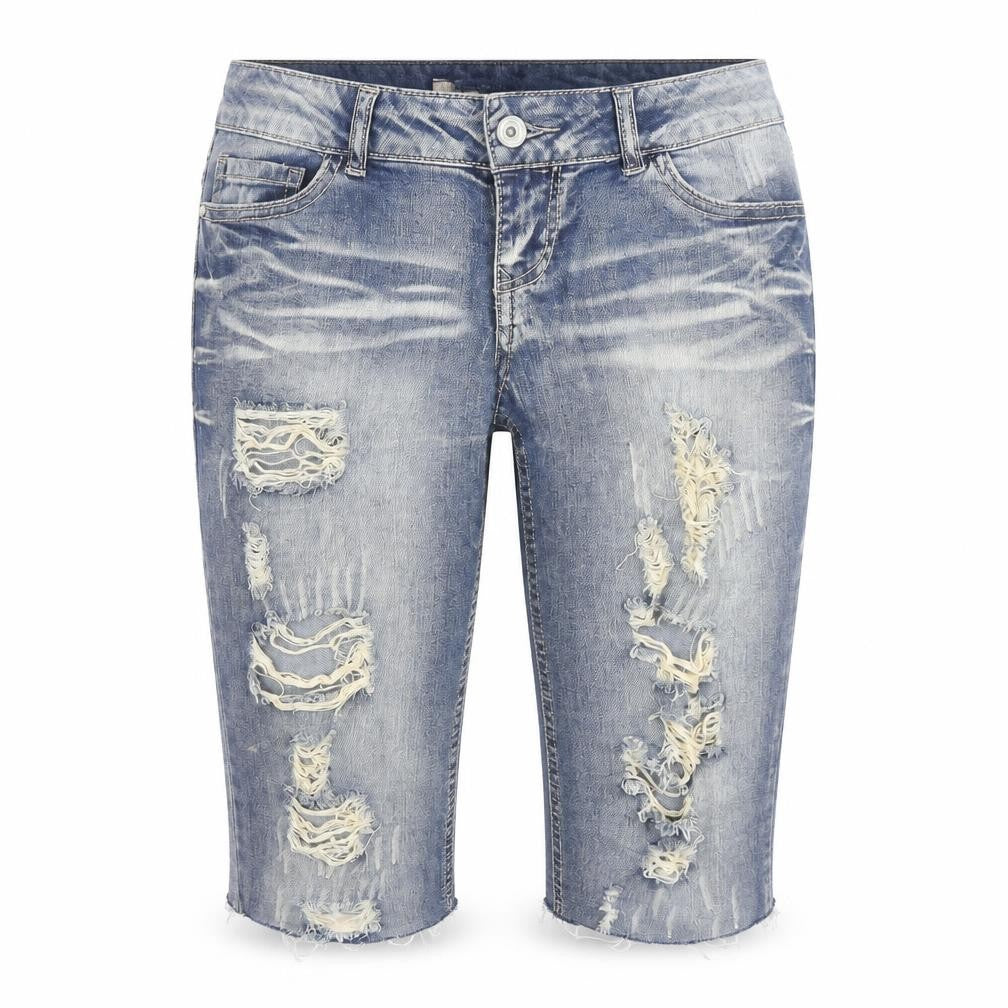 Front view of Blue Spice women’s blue distressed denim bermuda shorts, size XS