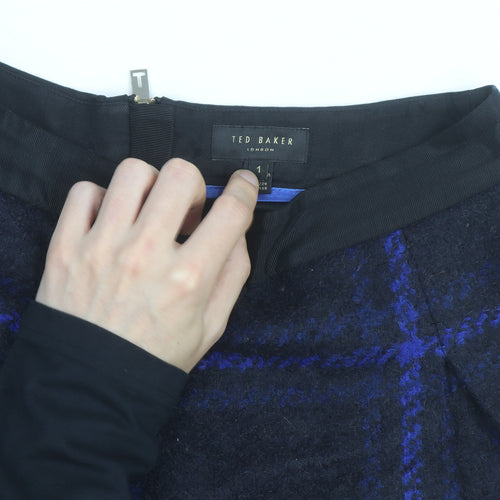 Ted Baker Womens Blue Check Wool Blend A-Line Short Skirt Size 8