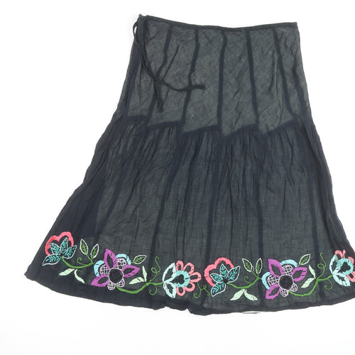 Monsoon Women's Black Embroidered Cotton Midi Peasant Skirt Size 14