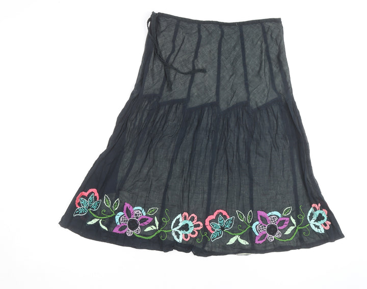 Monsoon Women's Black Embroidered Cotton Midi Peasant Skirt Size 14
