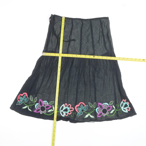 Monsoon Women's Black Embroidered Cotton Midi Peasant Skirt Size 14