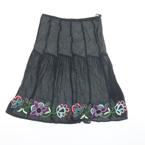 Monsoon Women's Black Embroidered Cotton Midi Peasant Skirt Size 14