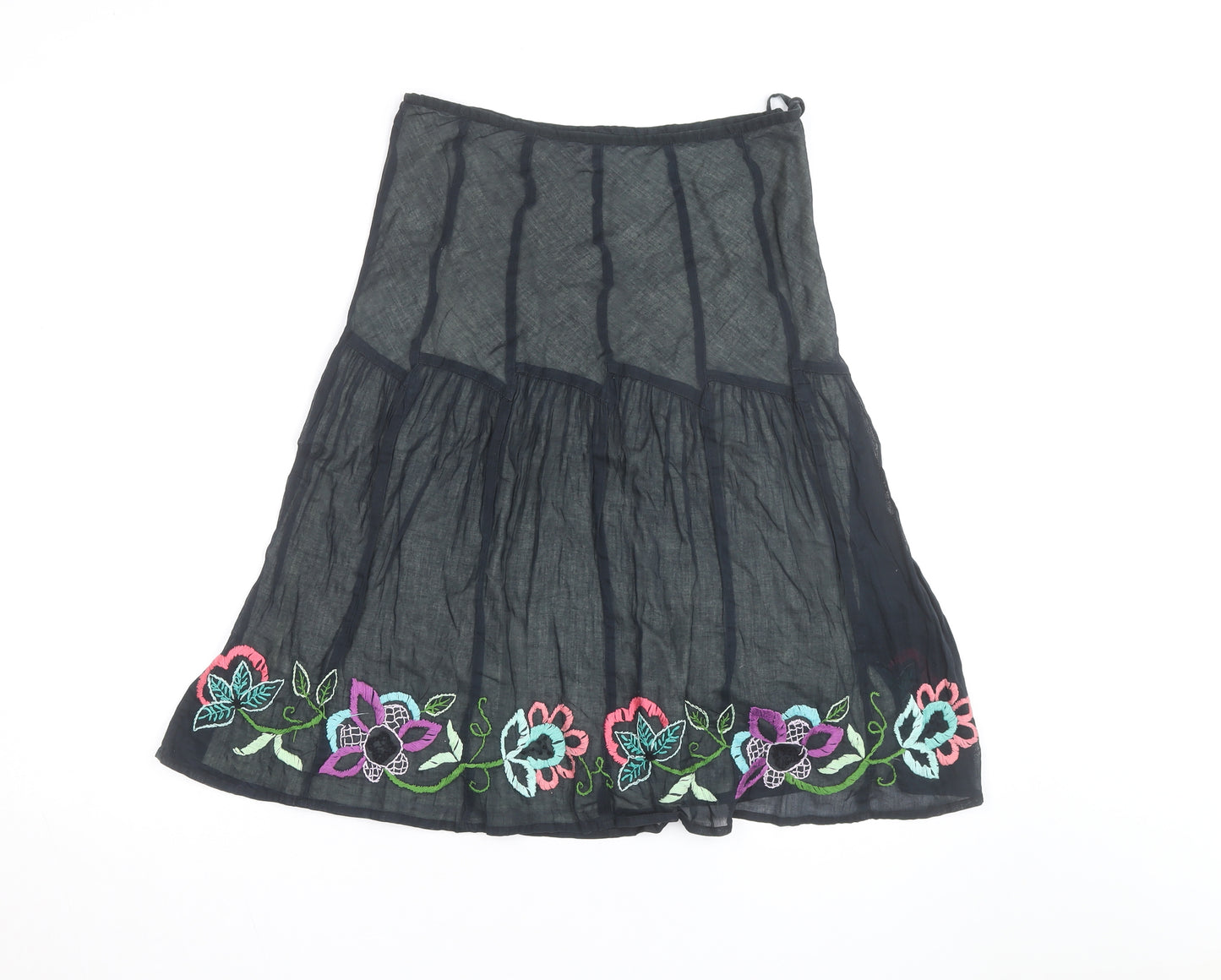 Monsoon Women's Black Embroidered Cotton Midi Peasant Skirt Size 14