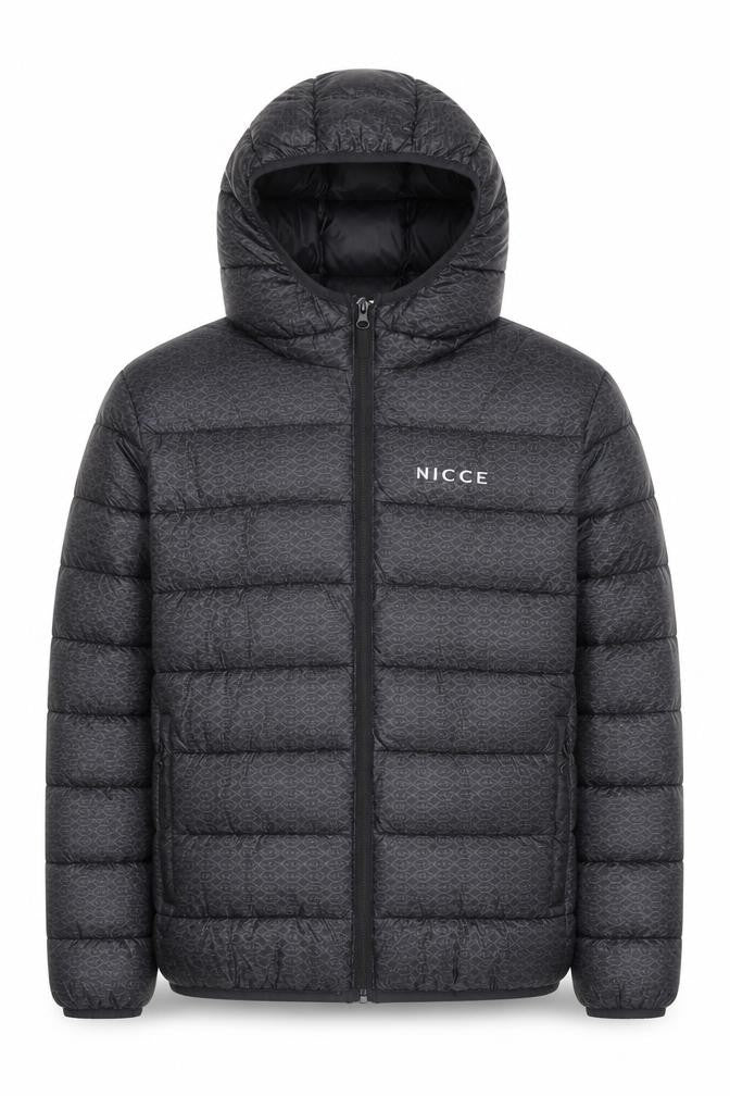 Front view of NICCE Men's Black Hooded Puffer Jacket, size L, Regular Fit
