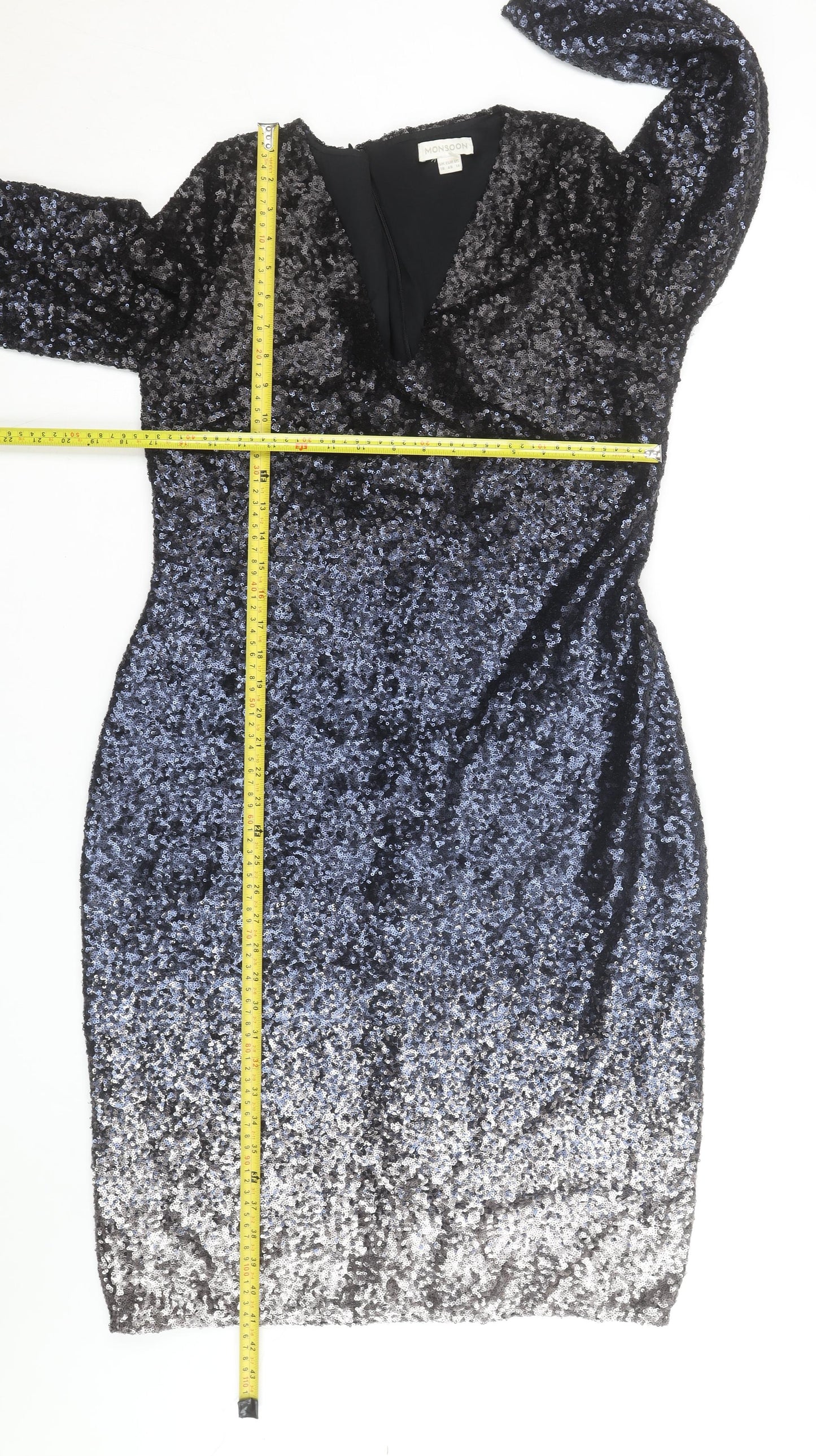 Monsoon Women’s Black Sequin Bodycon Dress Size 18 Long Sleeve V-Neck