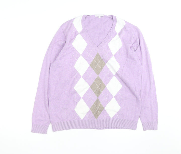 Marco Pecci Men’s Purple Argyle V-Neck Cotton Jumper M