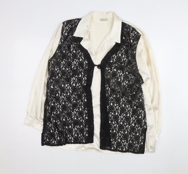 Design Essentials Women's Ivory Satin Blouse with Black Lace Overlay Size 20