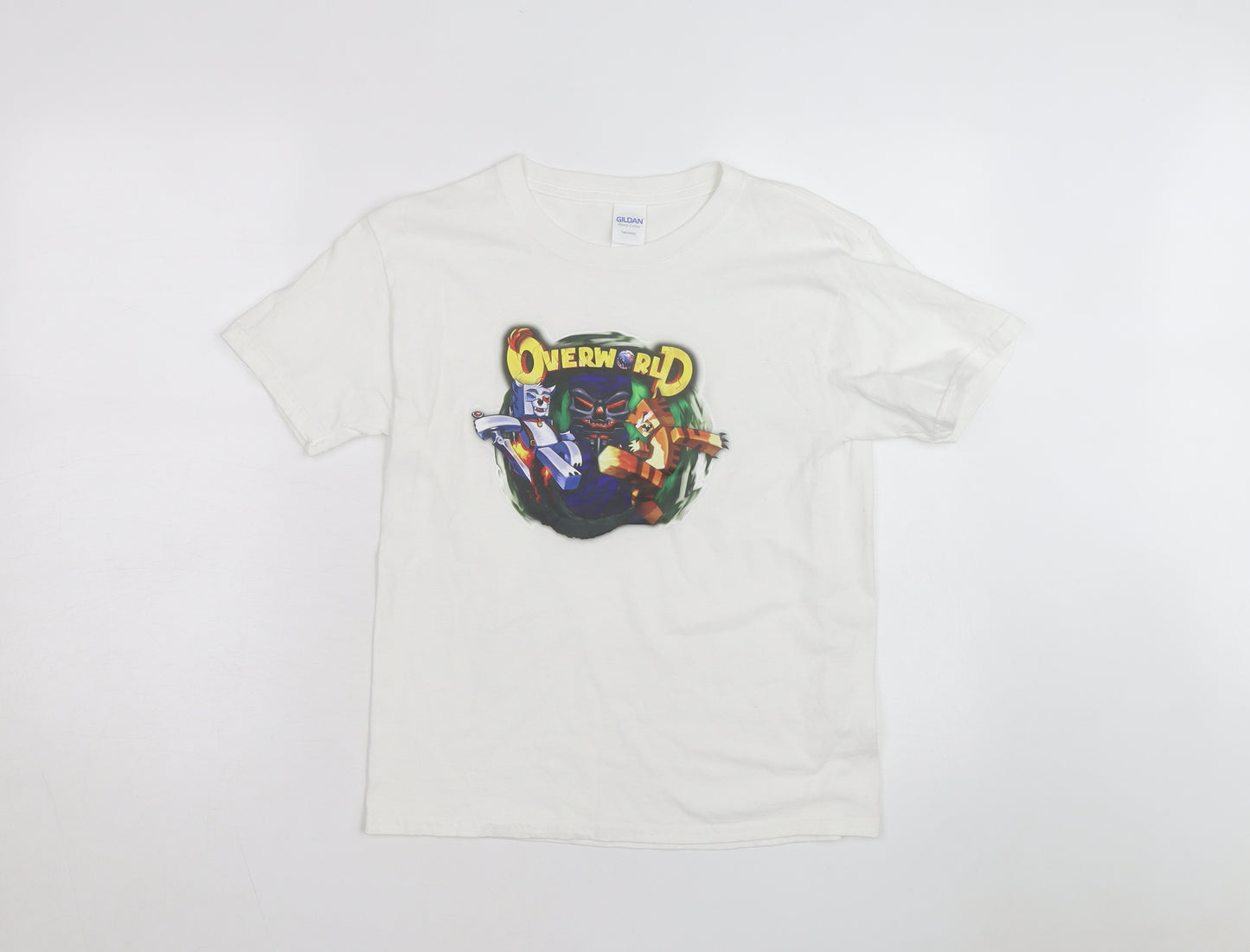 Gildan Men's White Overworld Graphic Print Cotton T-Shirt M