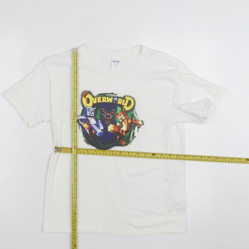Gildan Men's White Overworld Graphic Print Cotton T-Shirt M