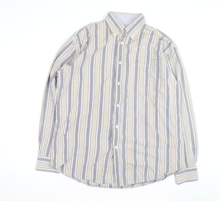 Dubarry Men's Beige Blue Check Button-Up Shirt XL Cotton Casual