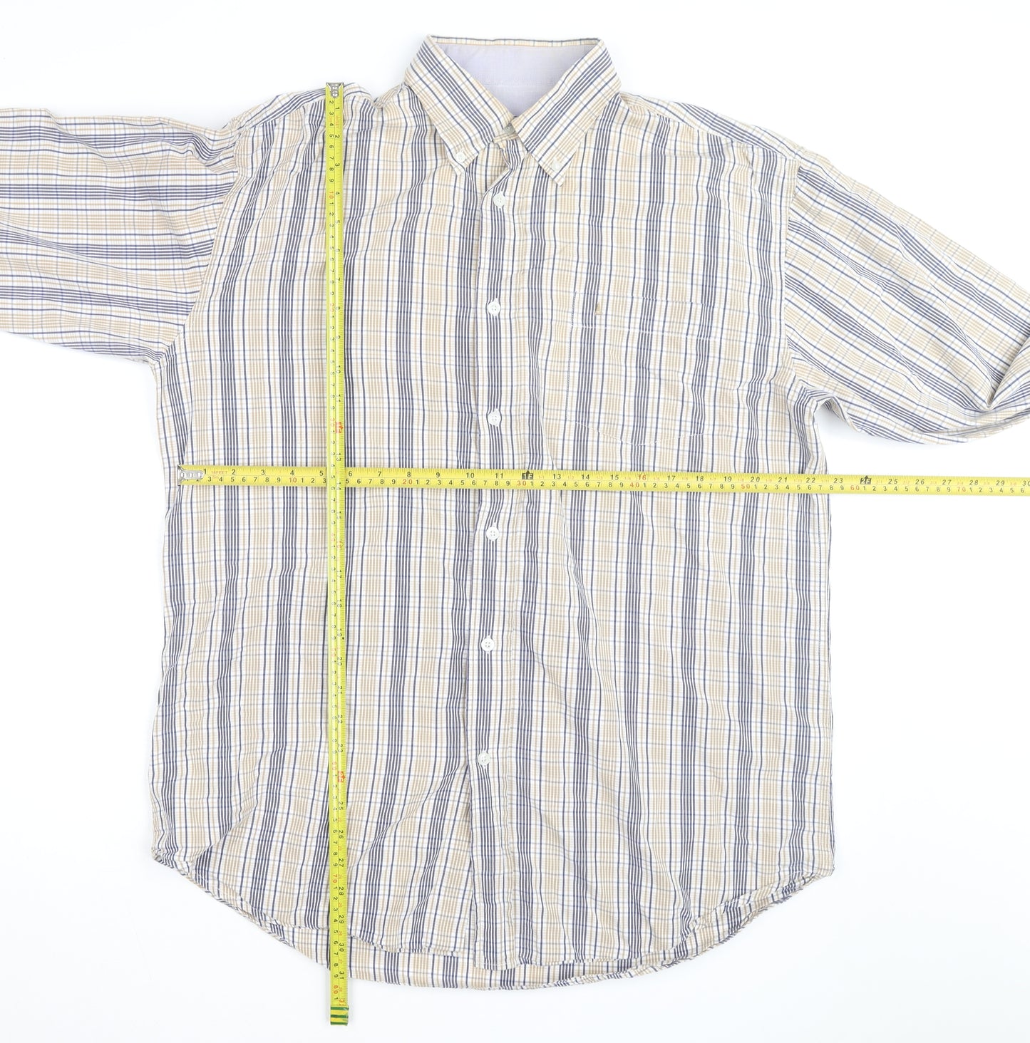 Dubarry Men's Beige Blue Check Button-Up Shirt XL Cotton Casual