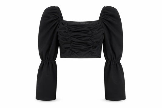 Front view of PRETTYLITTLETHING Women’s Black Cropped Ruched Puff Sleeve Blouse, size UK 8