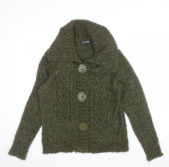 Alexara Womens Green Chunky Knit Cowl Neck Button Cardigan L