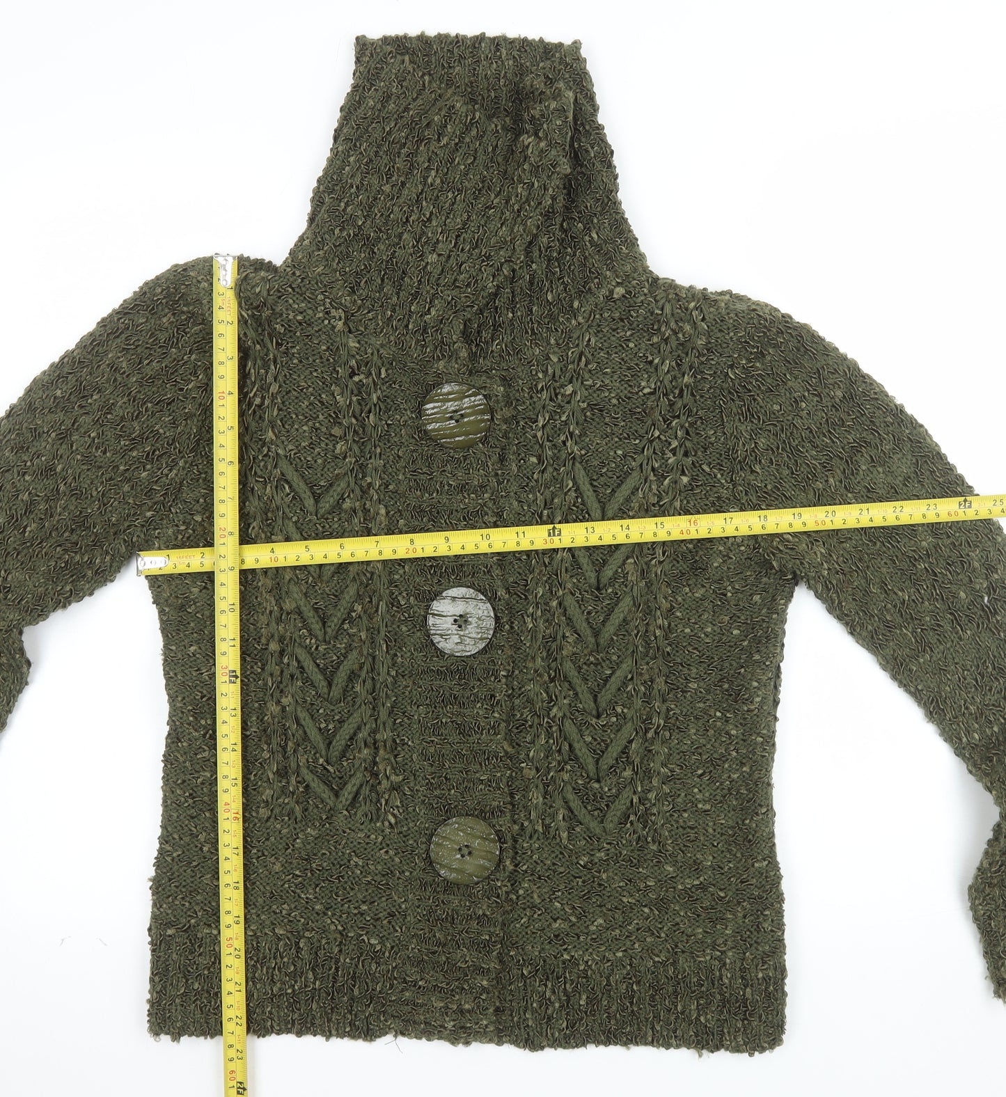 Alexara Womens Green Chunky Knit Cowl Neck Button Cardigan L