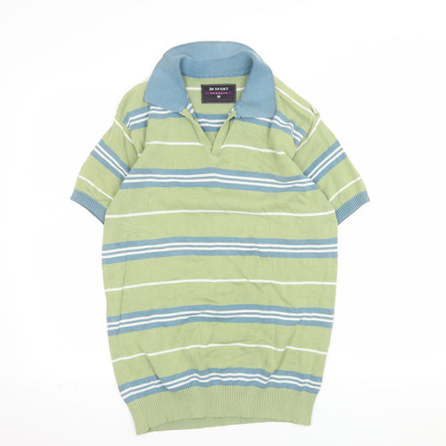 JM Sport Men's Green Striped Cotton Classic Polo Shirt M