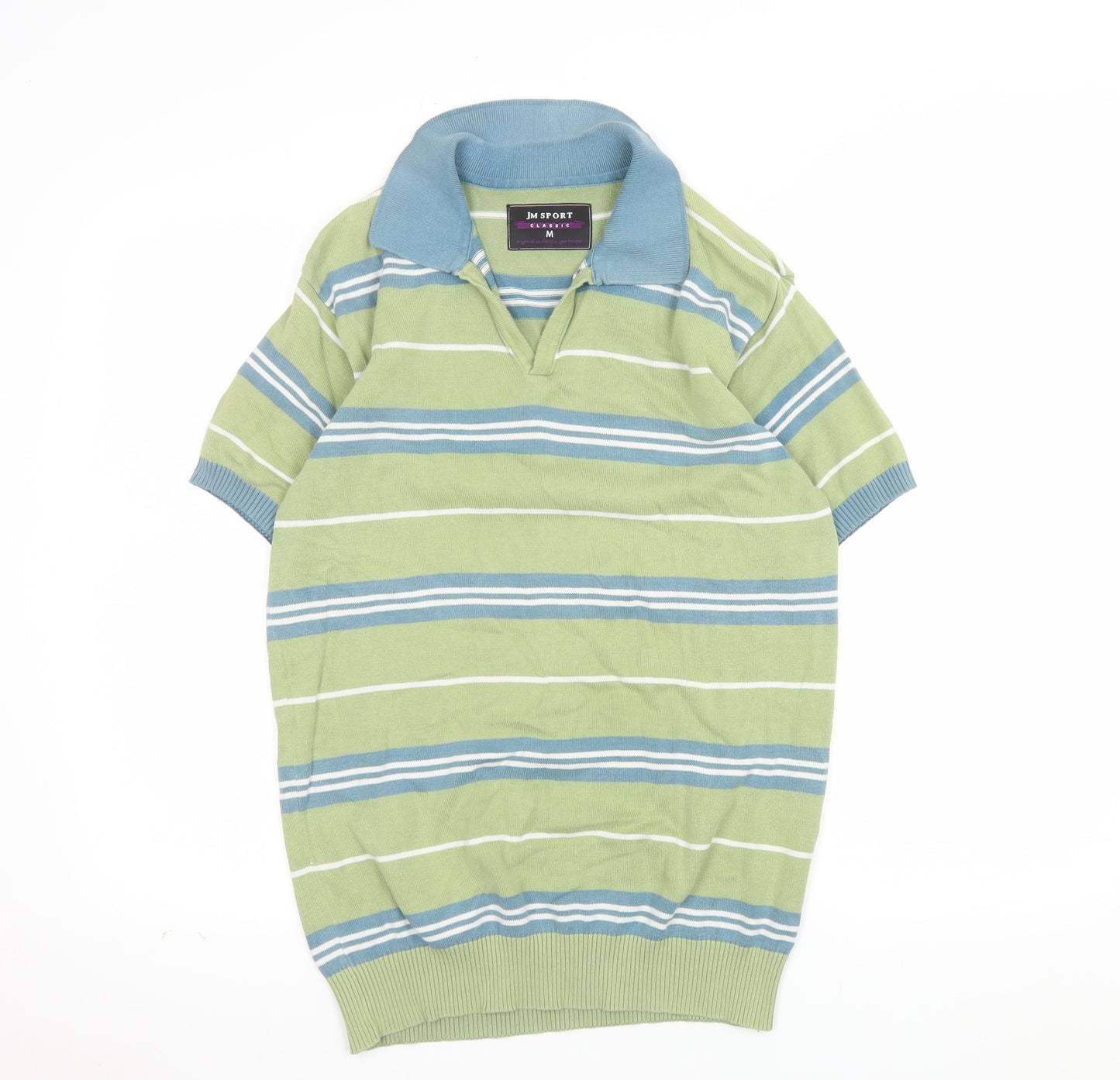 JM Sport Men's Green Striped Cotton Classic Polo Shirt M