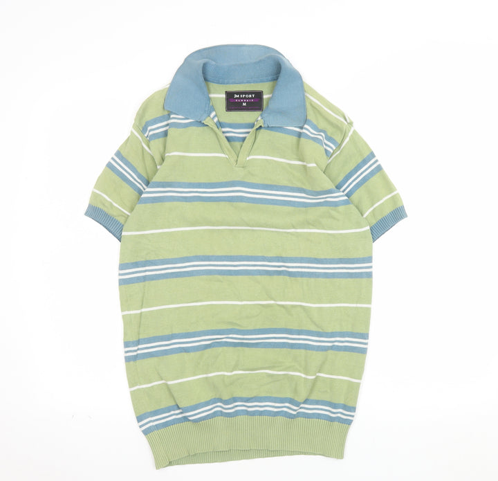 JM Sport Men's Green Striped Cotton Classic Polo Shirt M