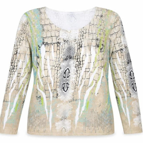Sportalm Women’s Beige Animal Print Beaded Long Sleeve Jersey Top Size 14