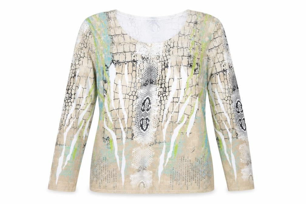 Sportalm Women’s Beige Animal Print Beaded Long Sleeve Jersey Top Size 14