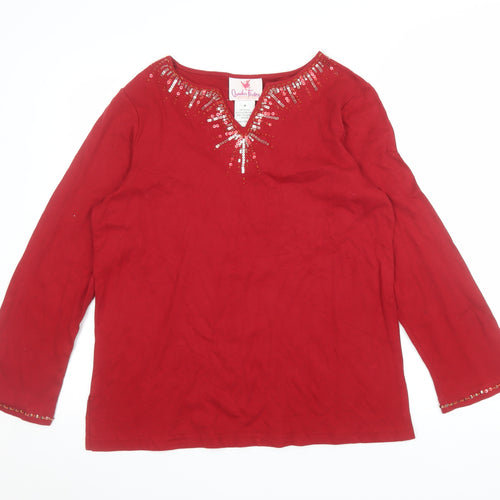 Quacker Factory Women Red Sequin Long Sleeve Cotton Tunic M