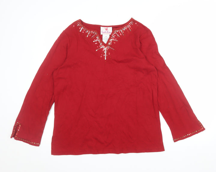 Quacker Factory Women Red Sequin Long Sleeve Cotton Tunic M