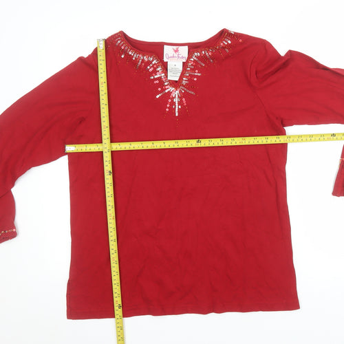 Quacker Factory Women Red Sequin Long Sleeve Cotton Tunic M