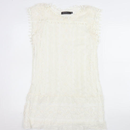 Zanzea Women's Ivory Lace Shift Dress Size 16 Bohemian Pom Pom Trim