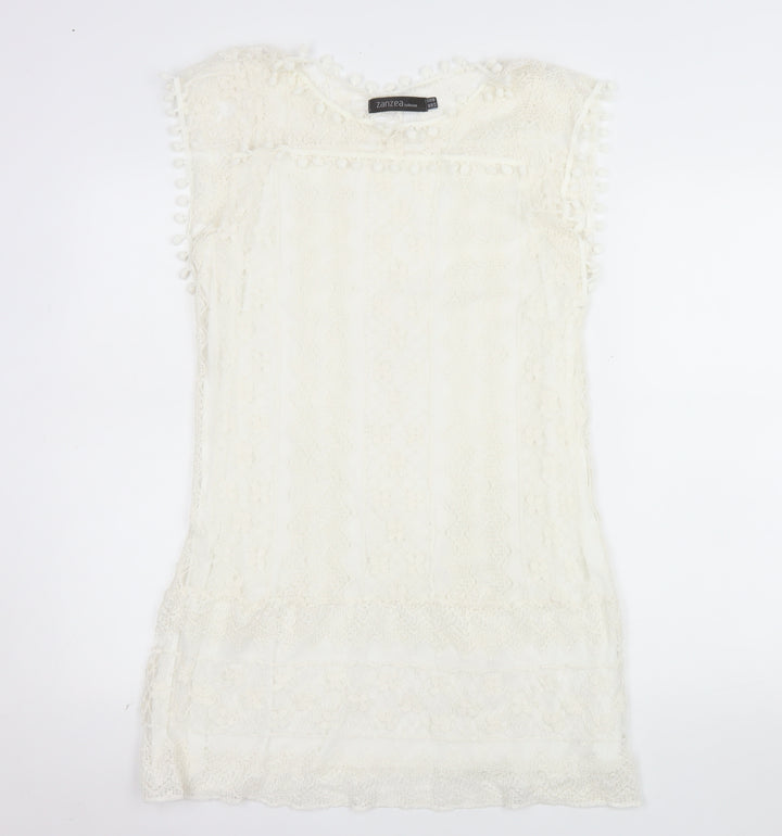 Zanzea Women's Ivory Lace Shift Dress Size 16 Bohemian Pom Pom Trim