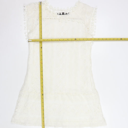 Zanzea Women's Ivory Lace Shift Dress Size 16 Bohemian Pom Pom Trim
