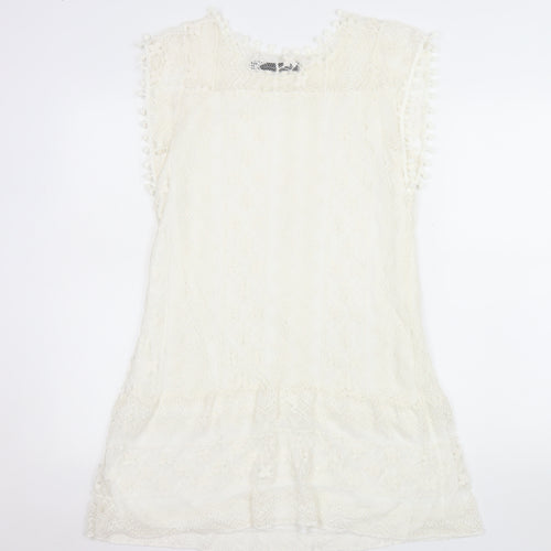 Zanzea Women's Ivory Lace Shift Dress Size 16 Bohemian Pom Pom Trim