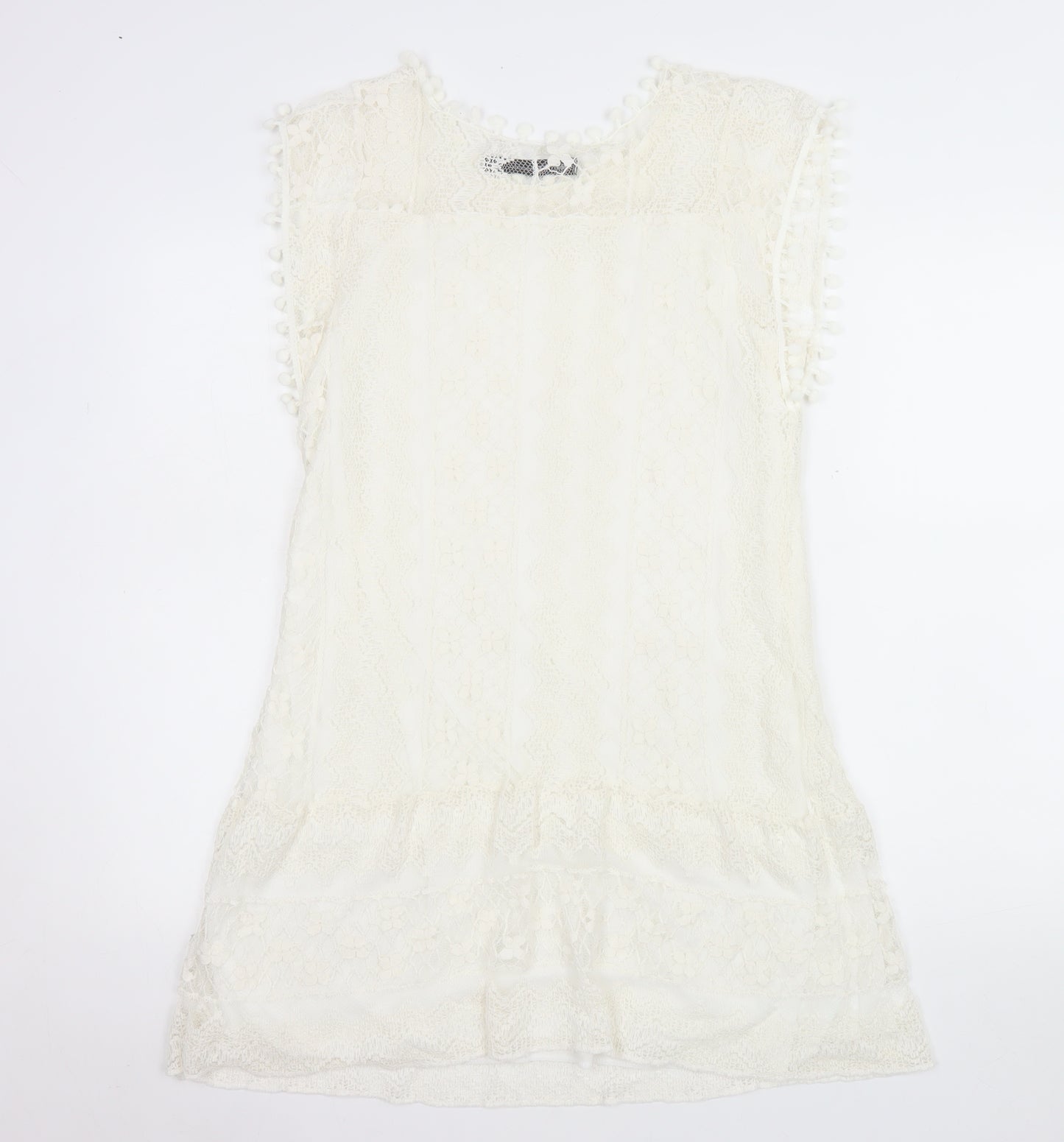 Zanzea Women's Ivory Lace Shift Dress Size 16 Bohemian Pom Pom Trim