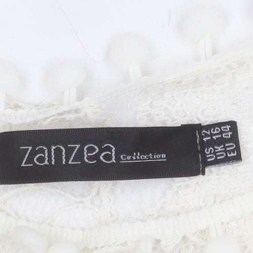 Zanzea Women's Ivory Lace Shift Dress Size 16 Bohemian Pom Pom Trim
