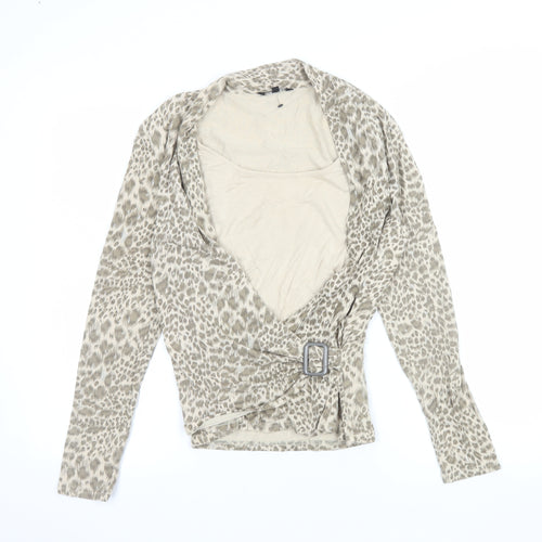 JANIQUE Women's Beige Animal Print Wrap Blouse Size 16