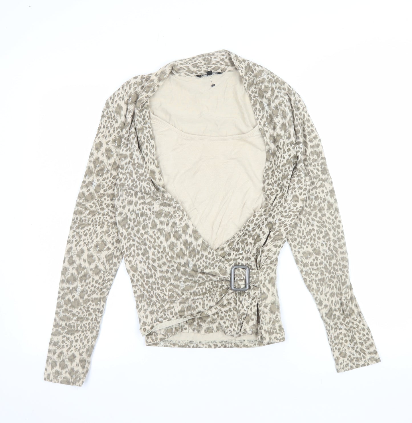 JANIQUE Women's Beige Animal Print Wrap Blouse Size 16
