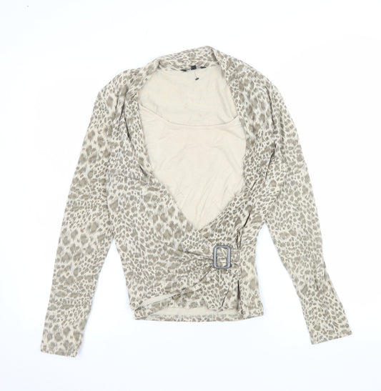 JANIQUE Women's Beige Animal Print Wrap Blouse Size 16