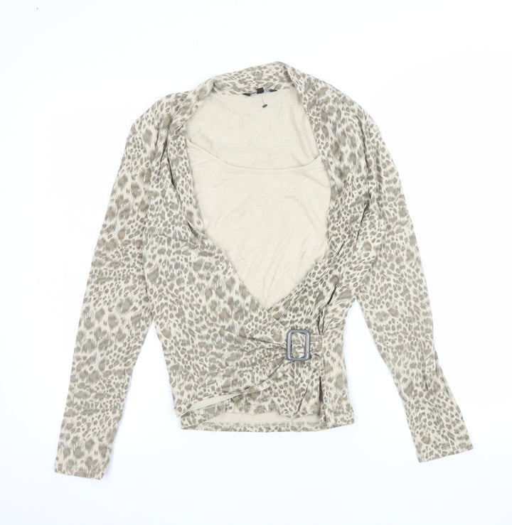 JANIQUE Women's Beige Animal Print Wrap Blouse Size 16
