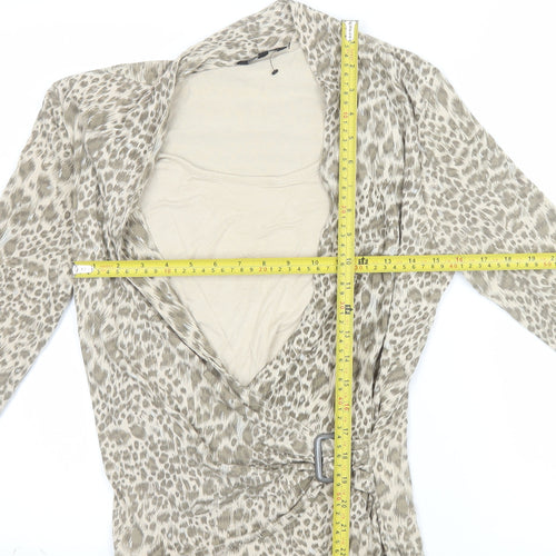 JANIQUE Women's Beige Animal Print Wrap Blouse Size 16
