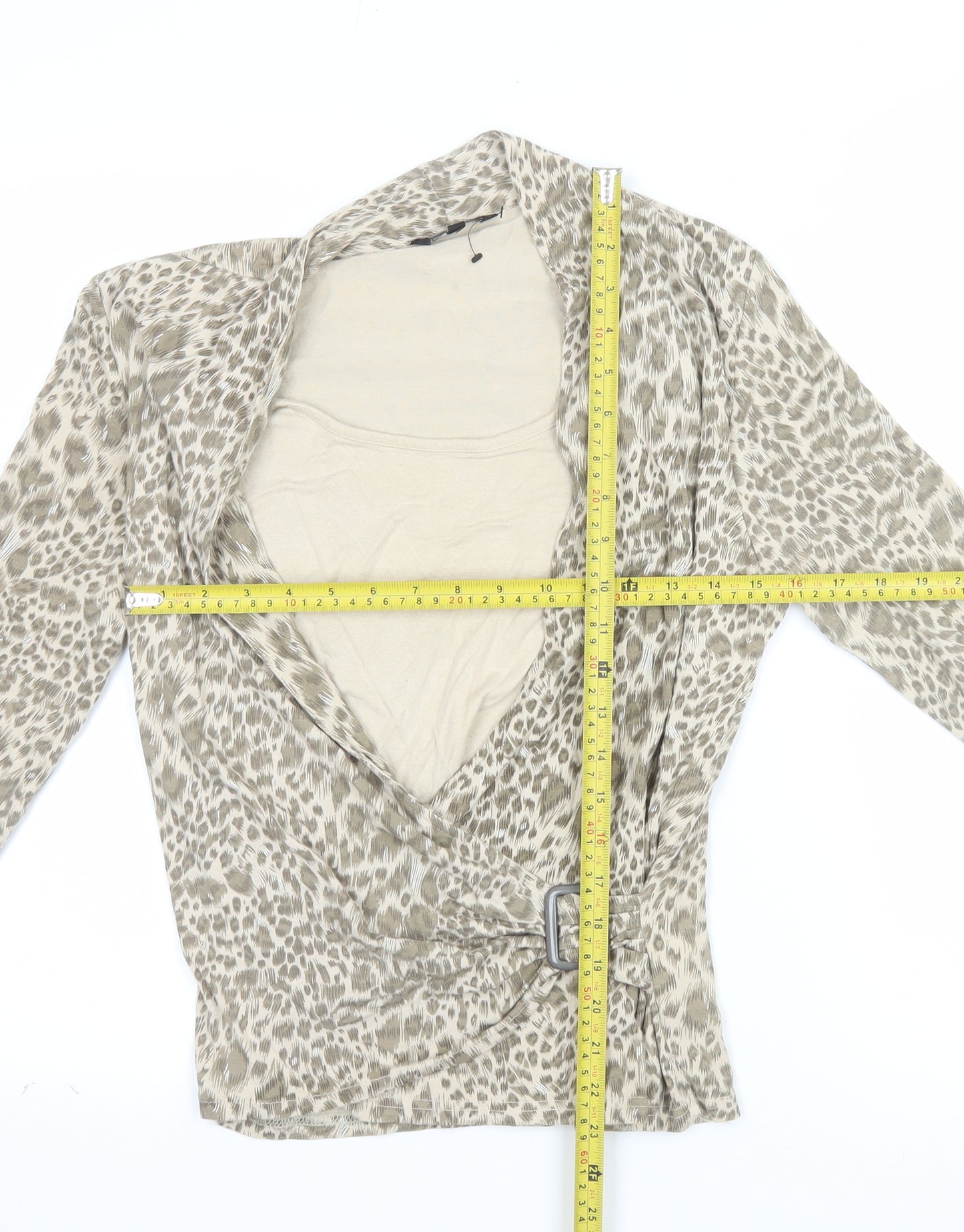 JANIQUE Women's Beige Animal Print Wrap Blouse Size 16