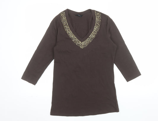 Unlisted Women’s Brown Beaded V-Neck 3/4 Sleeve Stretch Top Size S