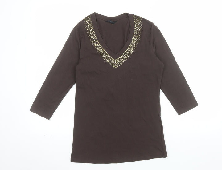 Unlisted Women’s Brown Beaded V-Neck 3/4 Sleeve Stretch Top Size S