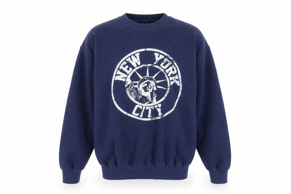 Front view of River Island Men's Blue New York City Graphic Pullover Sweatshirt, size S