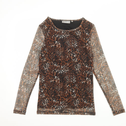 Fransa Women's Brown Animal Print Mesh Long Sleeve Top XS