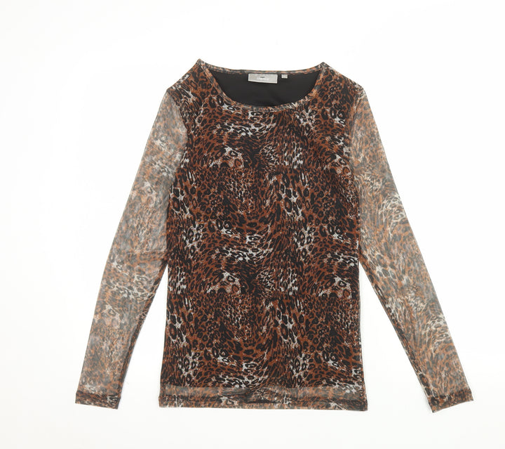 Fransa Women's Brown Animal Print Mesh Long Sleeve Top XS
