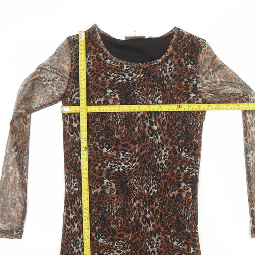 Fransa Women's Brown Animal Print Mesh Long Sleeve Top XS