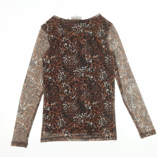 Fransa Women's Brown Animal Print Mesh Long Sleeve Top XS