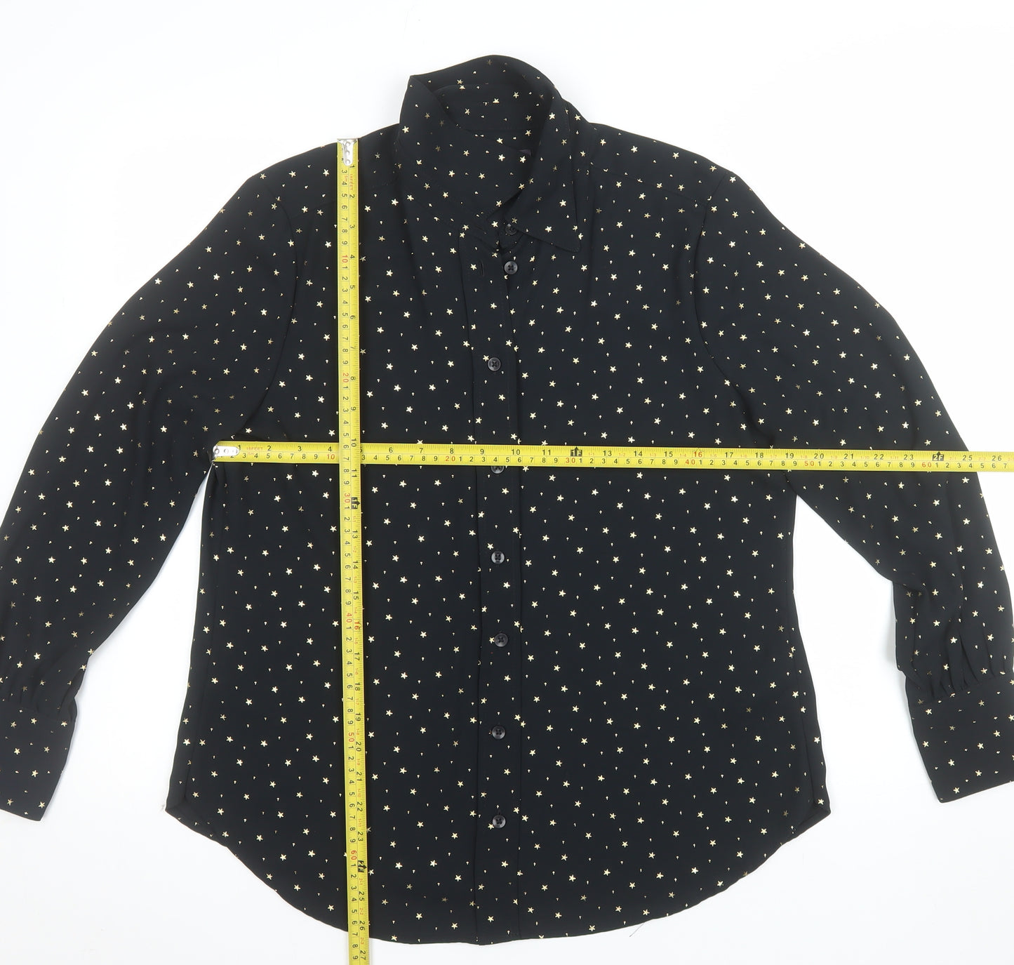 Marks and Spencer Women Black Star Print Long Sleeve Button-Up Shirt Size 12